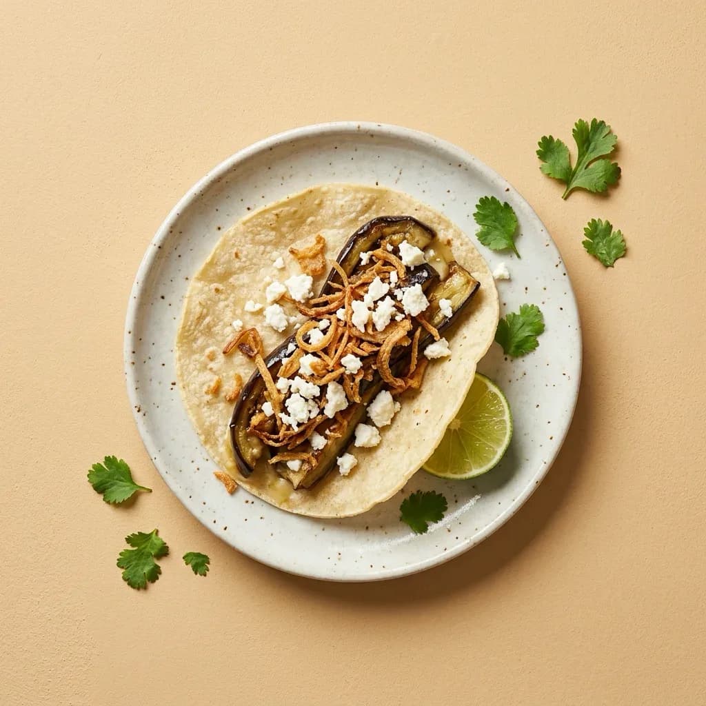 Taco de berenjena. Tortilla de maïs, aubergine fondante, échalote croustillante, fromage maison.