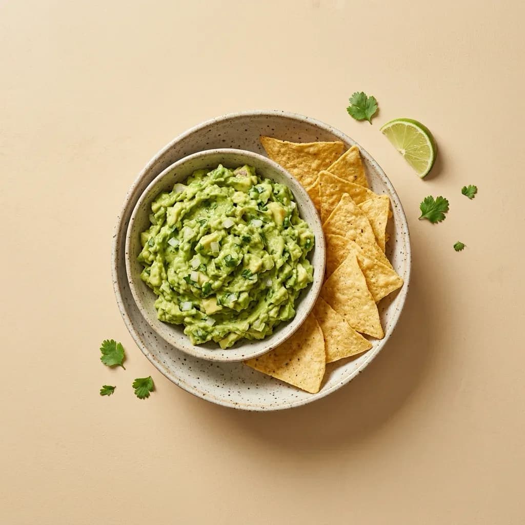 Guacamole maison. Servi avec tortillas de maïs croustillantes.