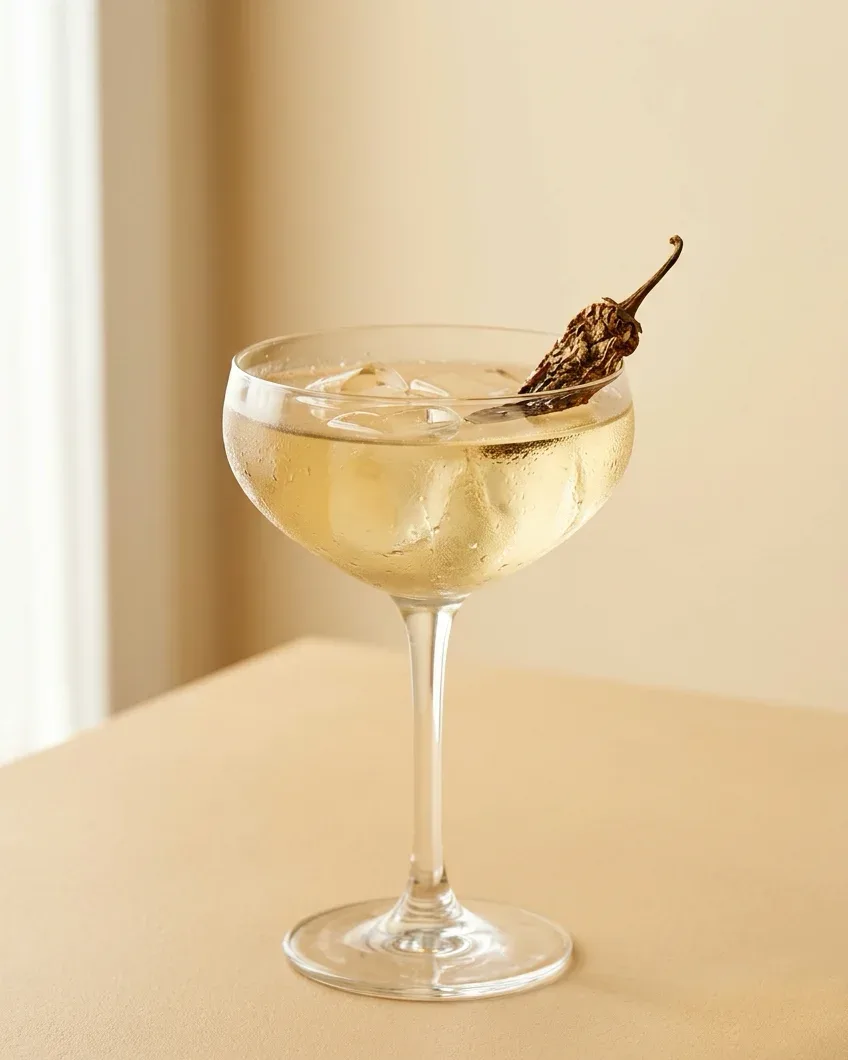 Margarita. Tequila reposado infusée au piment morita, Cointreau, citron vert et cordial de pico de gallo.