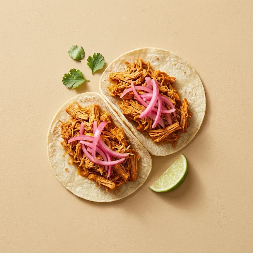 Tacos de cochinita pibil. Deux tacos : effiloché de porc mariné aux épices, cuit lentement, pickles d'oignon rouge.