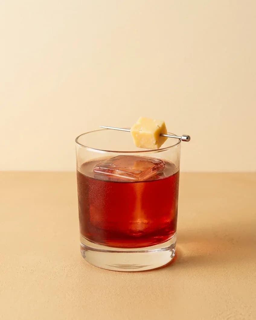Señor Negroni. Vermouth rosso, Campari, raicilla, liqueur de rose et garnish gouda.