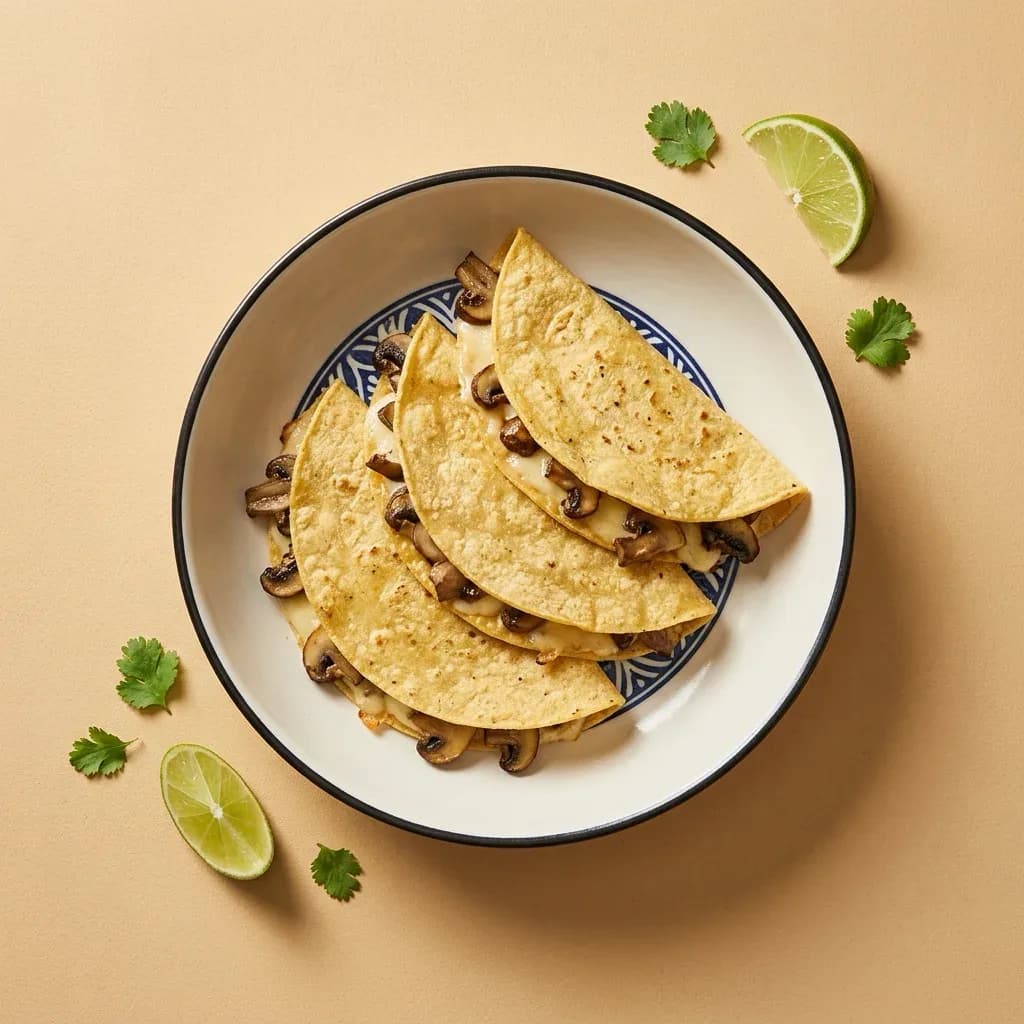 Quesadillas aux champignons. Trois tortillas de maïs garnies de fromage et de champignons sautés.