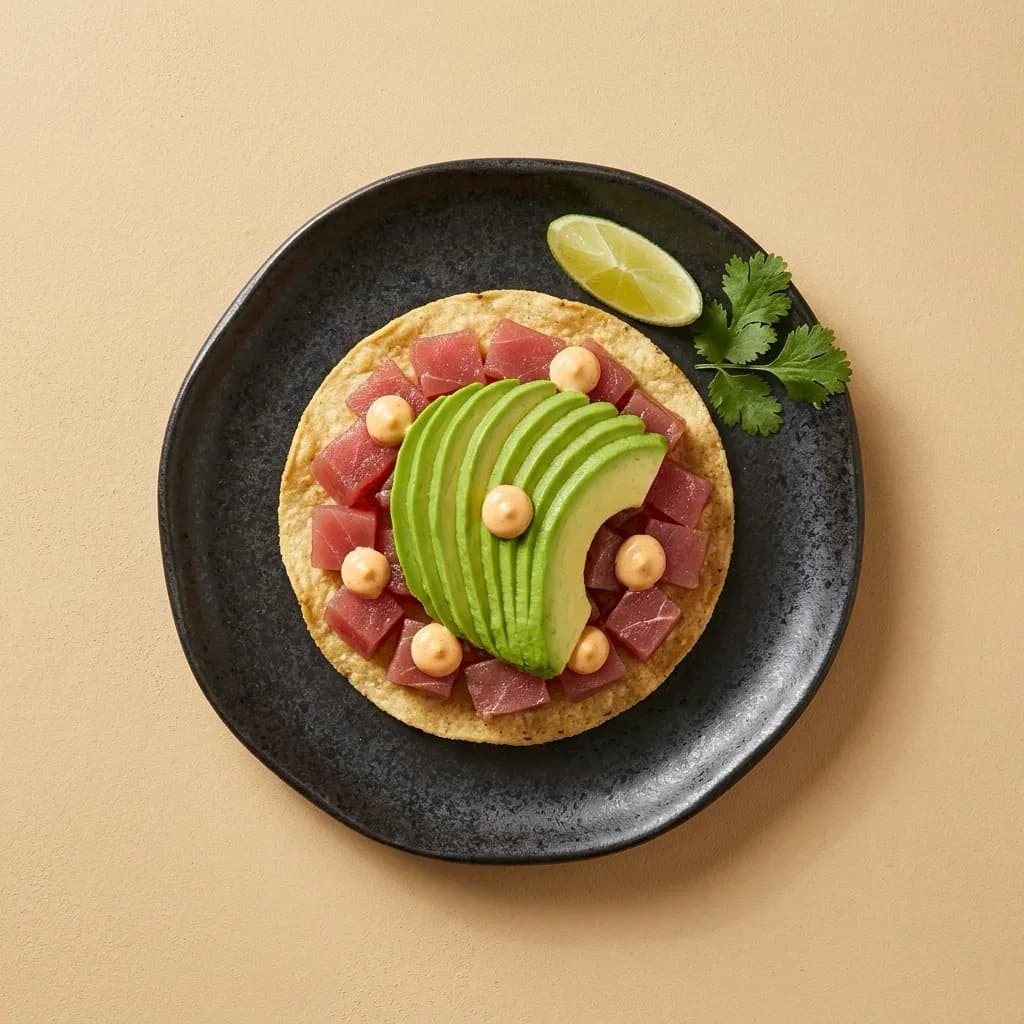 Tostada de atún. Tortilla de maïs croustillante, thon rouge cru, avocat et mayonnaise au chipotle.