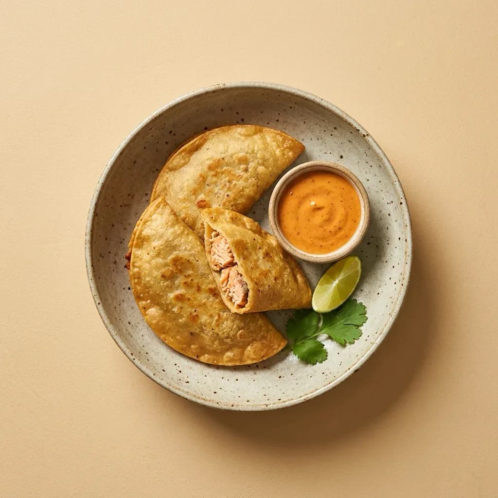 Pescadillas. Trois tortillas de maïs garnies de saumon, servies avec une sauce chipotle maison.